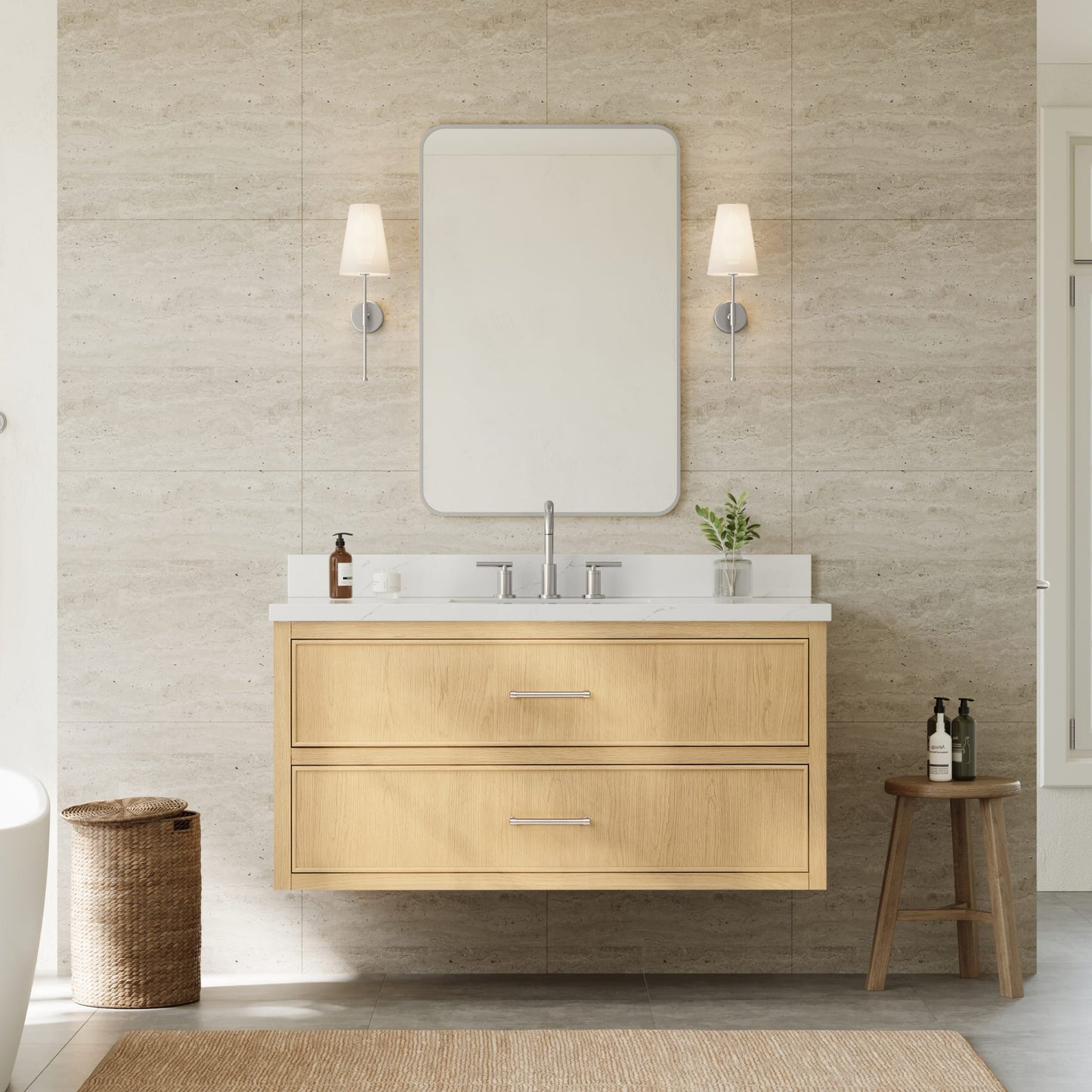 Isola WM Wall Mounted Bathroom Vanity with Countertop 48 inch Single Sink 3-hole Faucet Setup