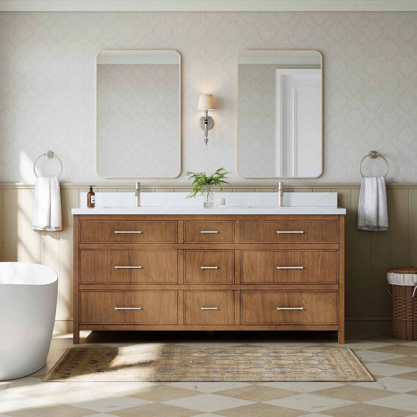 Isola Bathroom Vanity with Countertop 72 inch Double Sink Single hole Faucet Setup