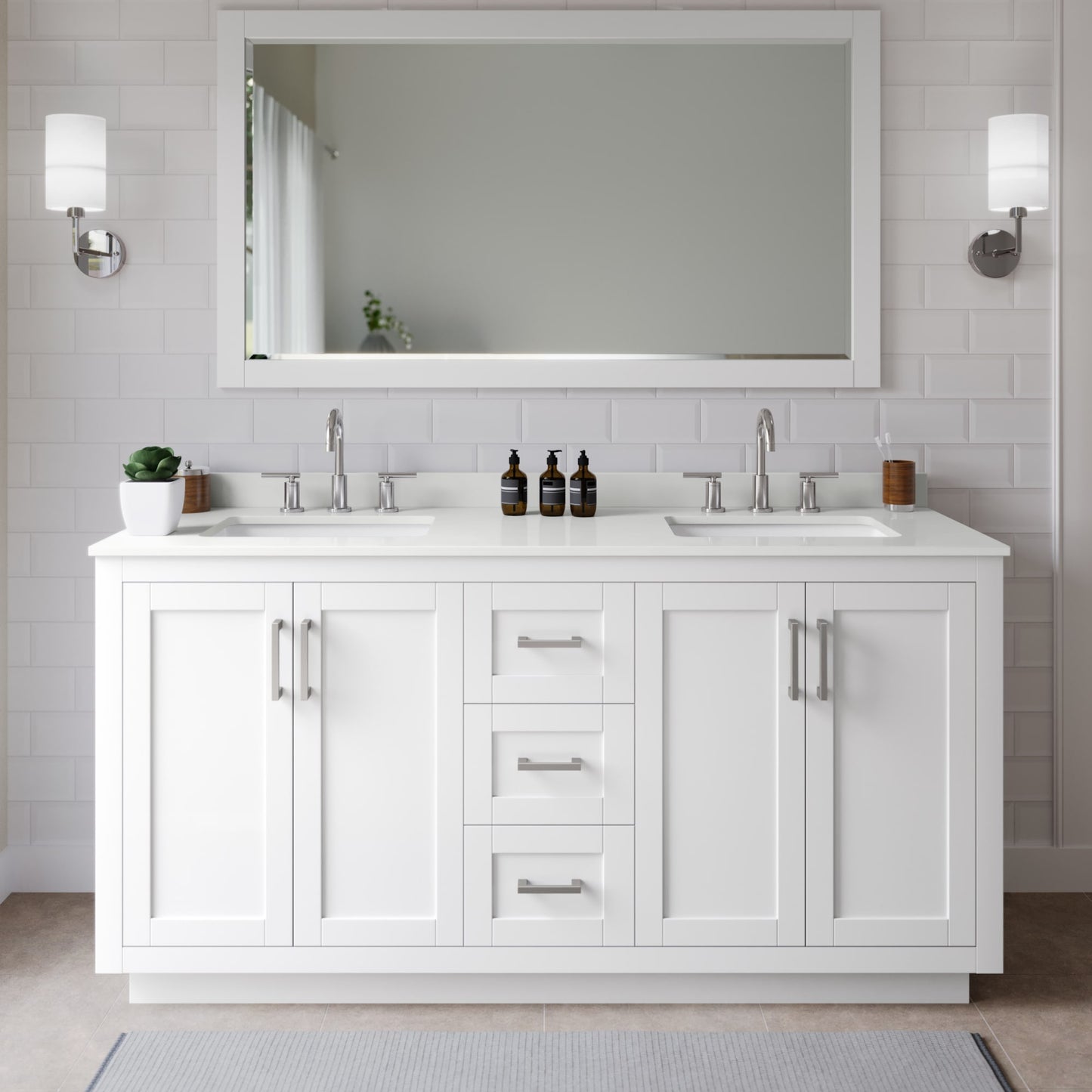 Miranda Bathroom Vanity with Countertop 66 inch Double Sink 3-hole Faucet Setup