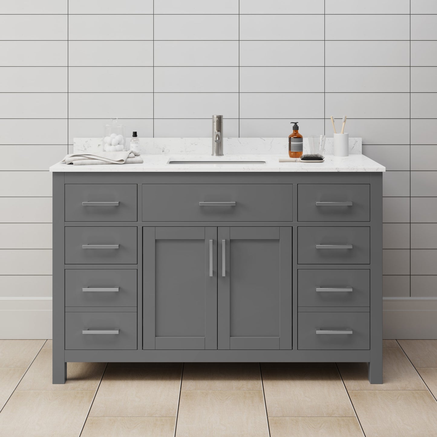 Beckett Bathroom Vanity with Countertop 54 inch Single Sink Single hole Faucet Setup