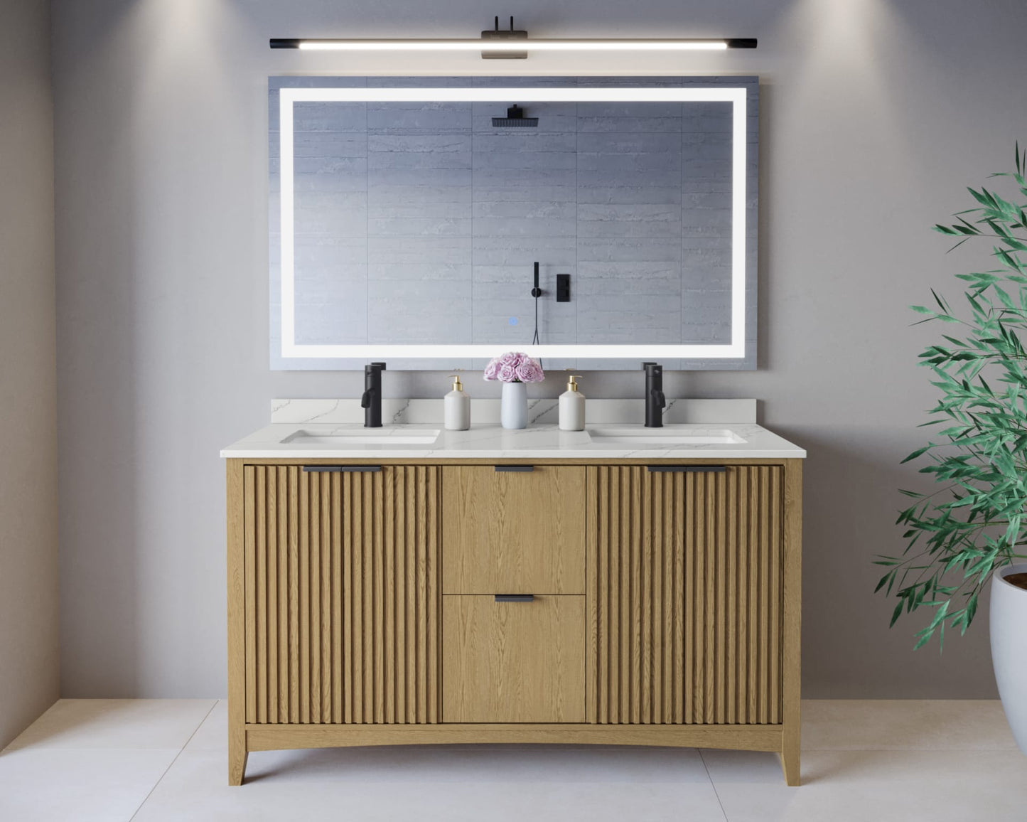 Palmilla Bathroom Vanity with Countertop 60 inch Double Sink Single hole Faucet Setup