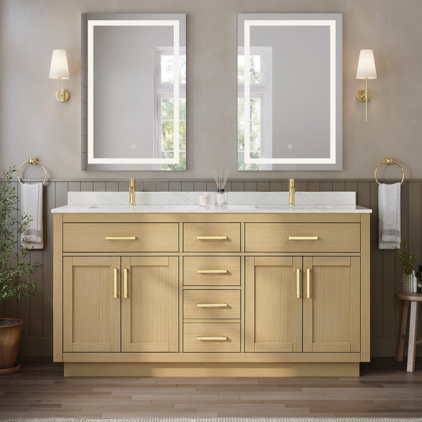 Beckett TK Bathroom Vanity with Countertop 66 inch Double Sink Single hole Faucet Setup