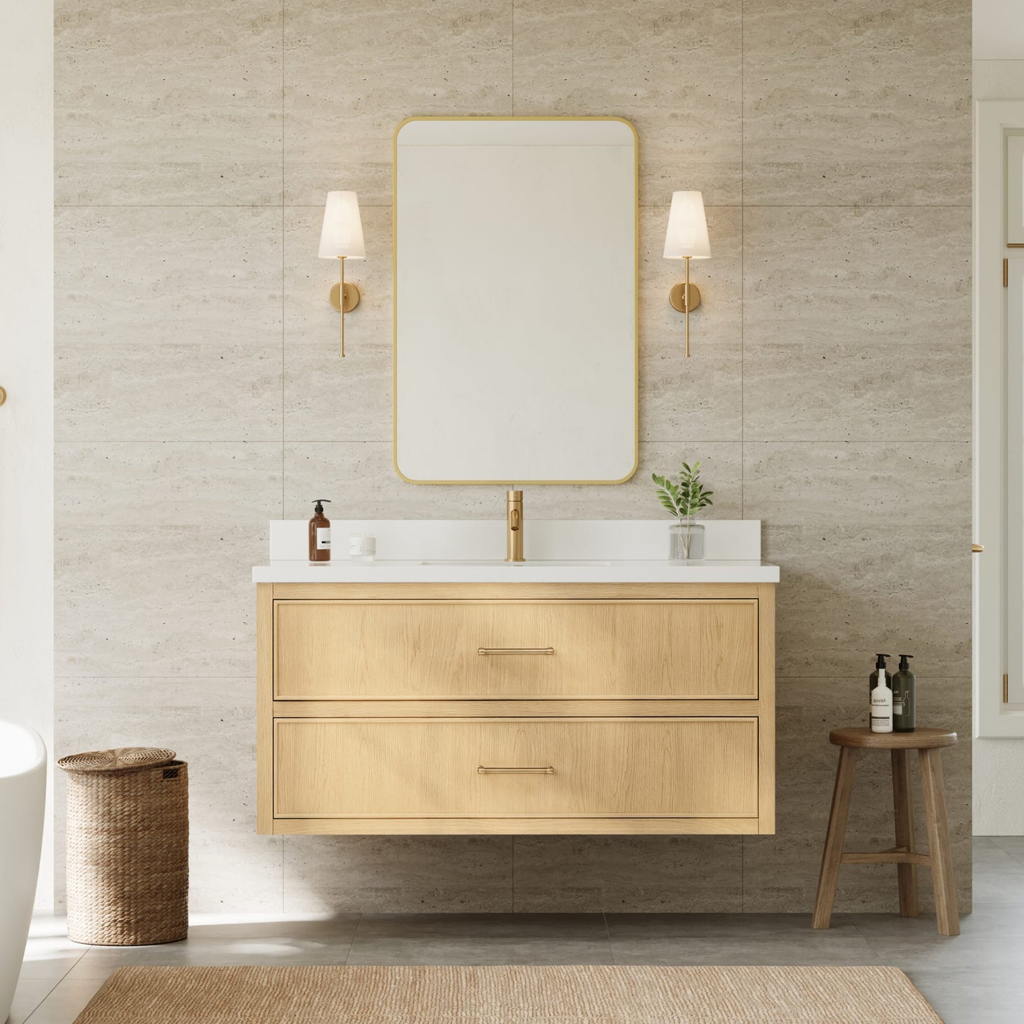 Isola WM Wall Mounted Bathroom Vanity with Countertop 48 inch Single Sink Single hole Faucet Setup
