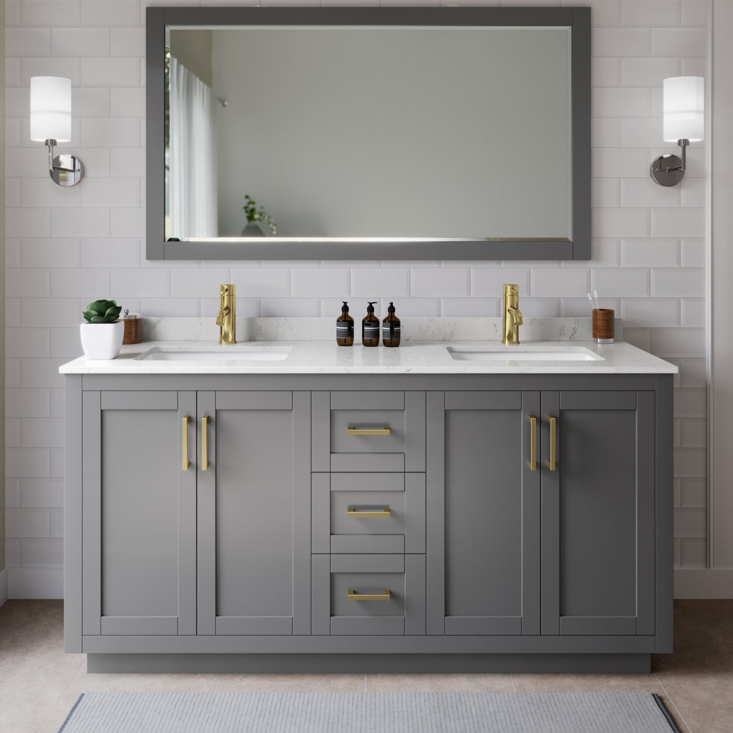 Miranda Bathroom Vanity with Countertop 66 inch Double Sink Single hole Faucet Setup