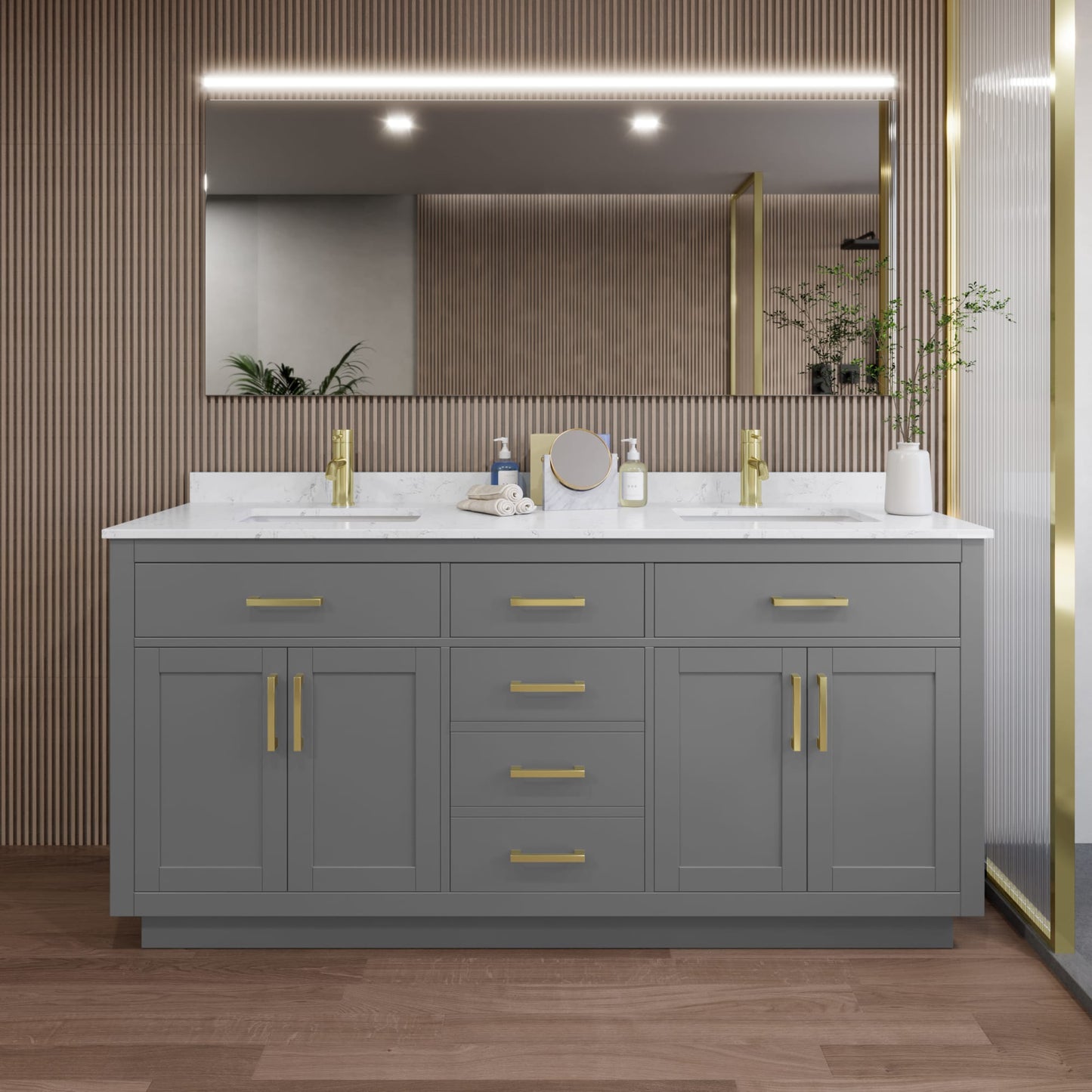 Beckett TK Bathroom Vanity with Countertop 72 inch Double Sink Single hole Faucet Setup