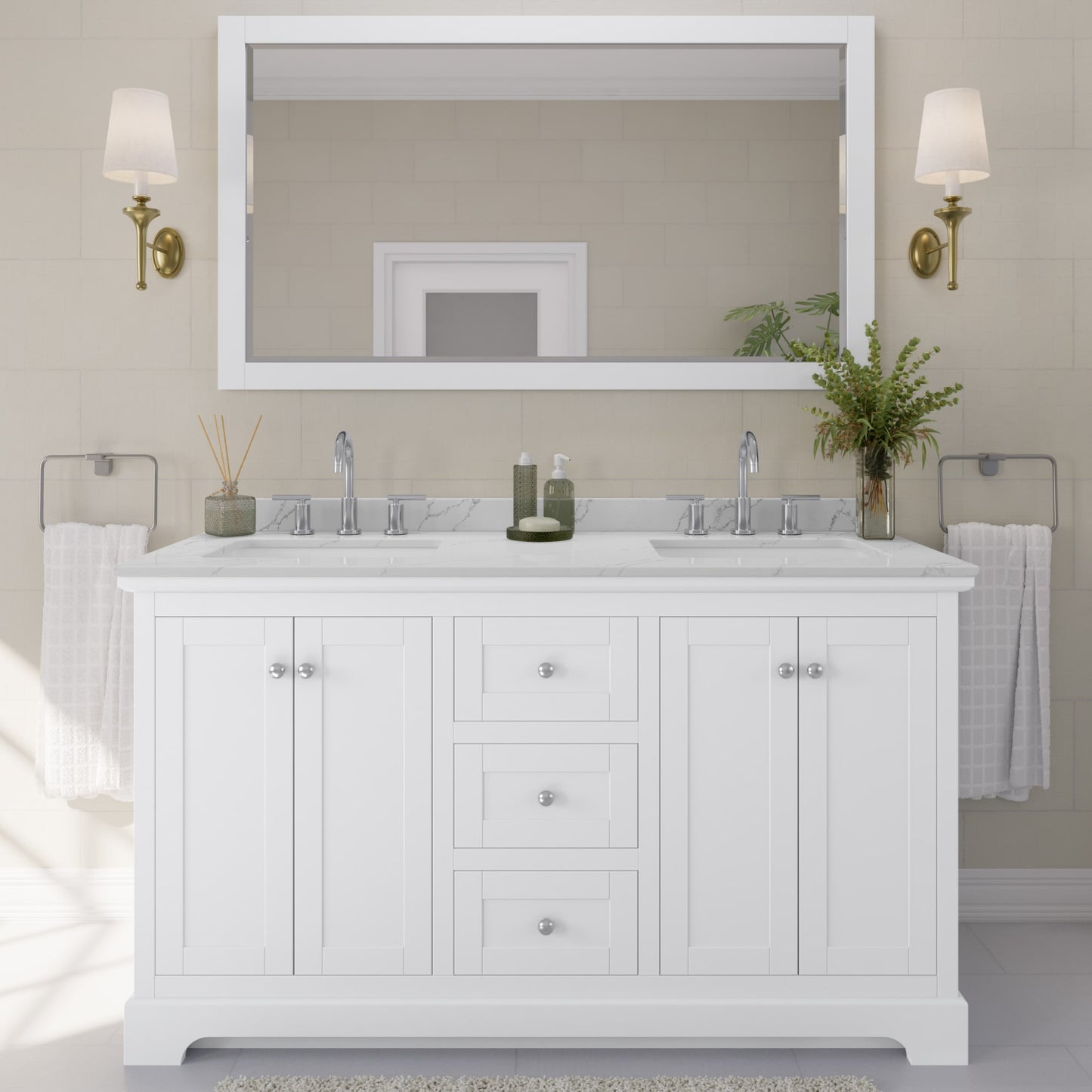 Avery Bathroom Vanity with Countertop 60 inch Double Sink 3-hole Faucet Setup