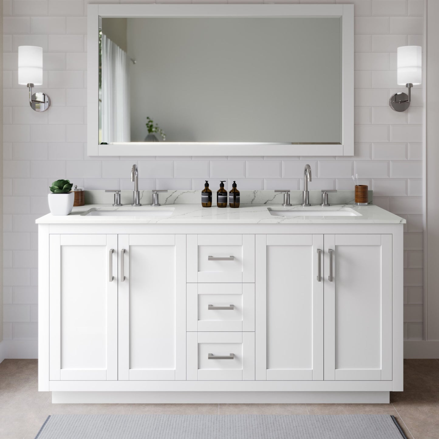 Miranda Bathroom Vanity with Countertop 66 inch Double Sink 3-hole Faucet Setup