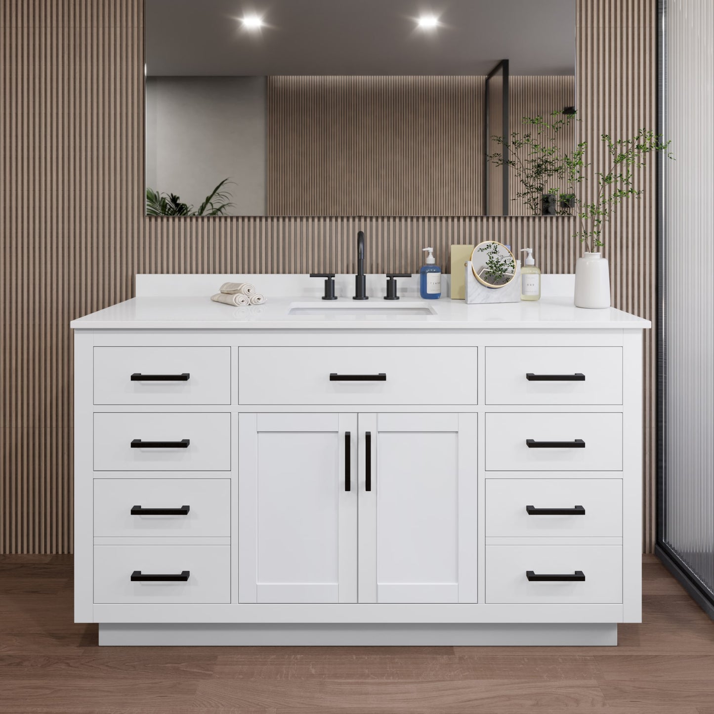 Beckett TK Bathroom Vanity with Countertop 60 inch Single Sink 3-hole Faucet Setup