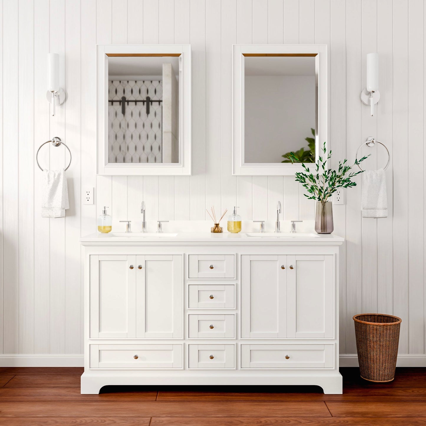 Deborah Bathroom Vanity with Countertop 60 inch Double Sink 3-hole Faucet Setup