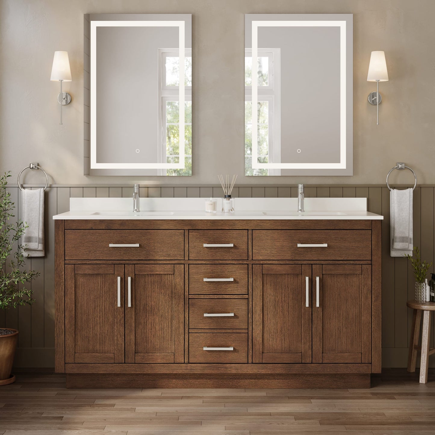 Beckett TK Bathroom Vanity with Countertop 66 inch Double Sink Single hole Faucet Setup