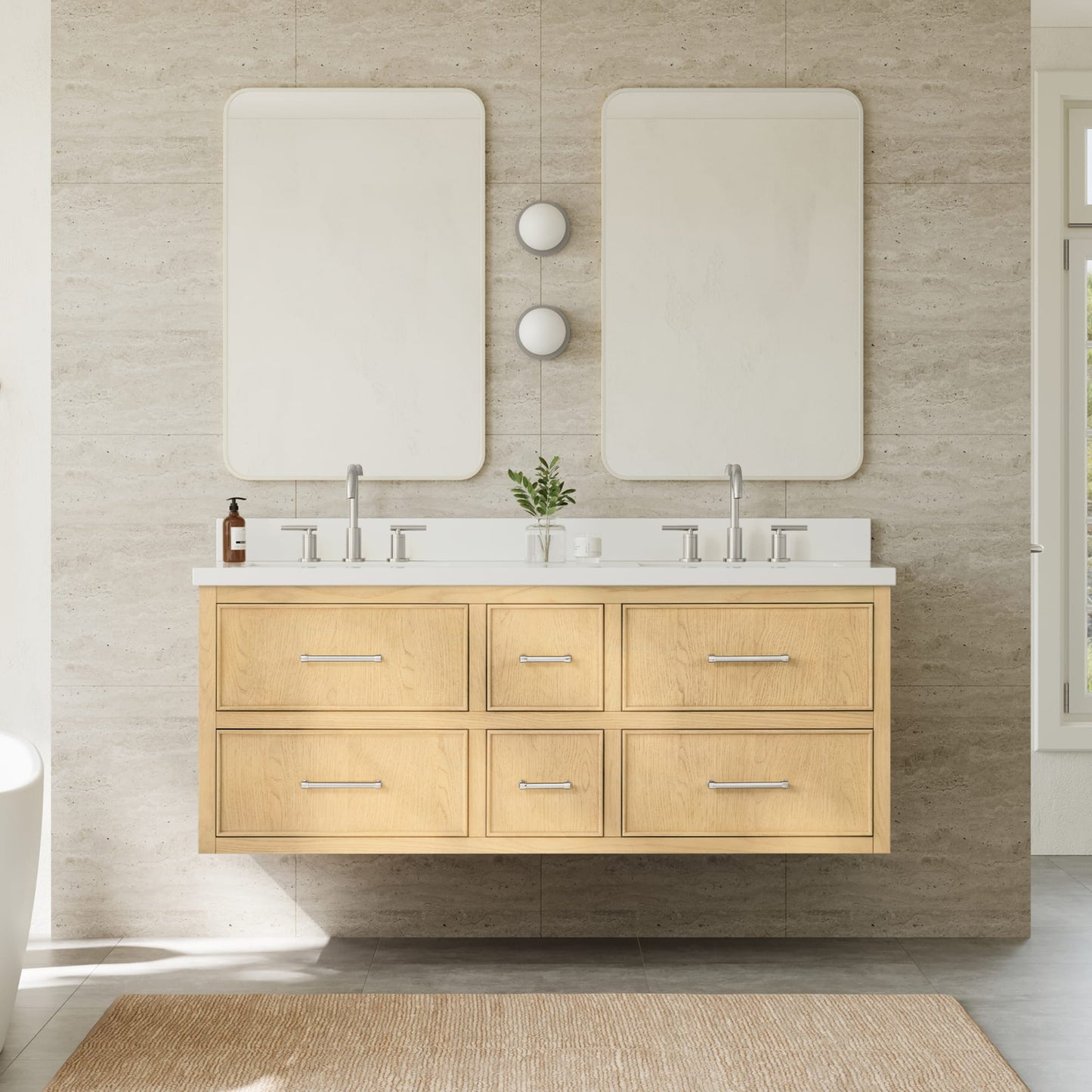 Isola WM Wall Mounted Bathroom Vanity with Countertop 60 inch Double Sink 3-hole Faucet Setup
