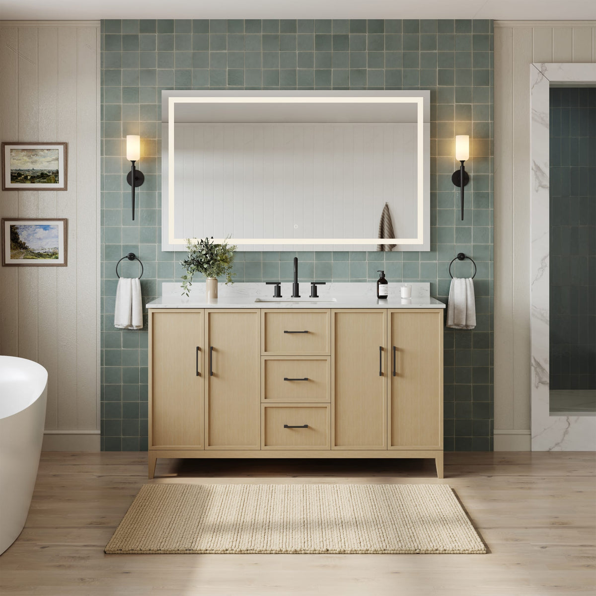 Elan Bathroom Vanity with Countertop 60 inch Single Sink 3-hole Faucet Setup