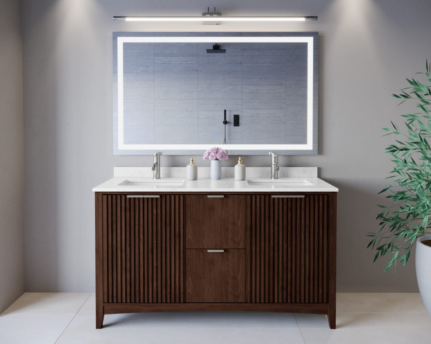 Palmilla Bathroom Vanity with Countertop 60 inch Double Sink Single hole Faucet Setup