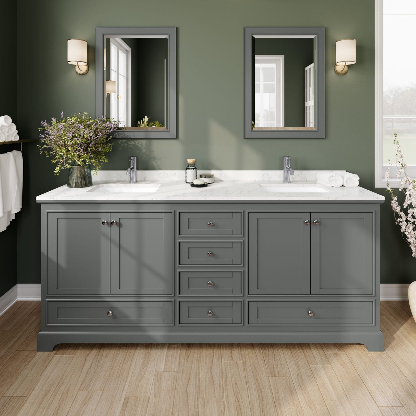 Deborah Bathroom Vanity with Countertop 80 inch Double Sink Single hole Faucet Setup