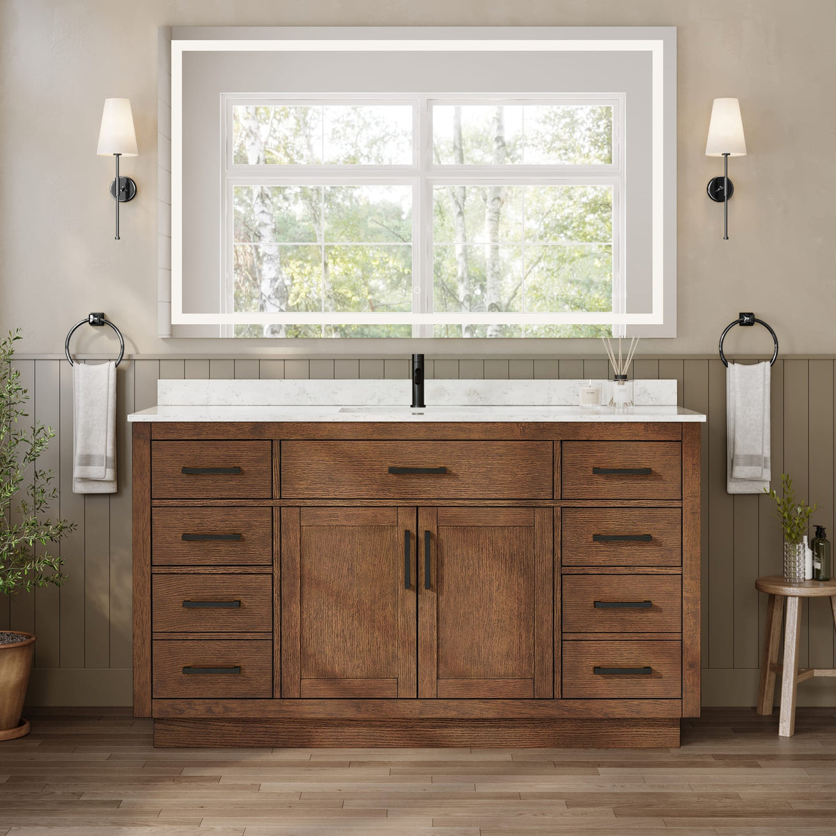 Beckett TK Bathroom Vanity with Countertop 60 inch Single Sink Single hole Faucet Setup