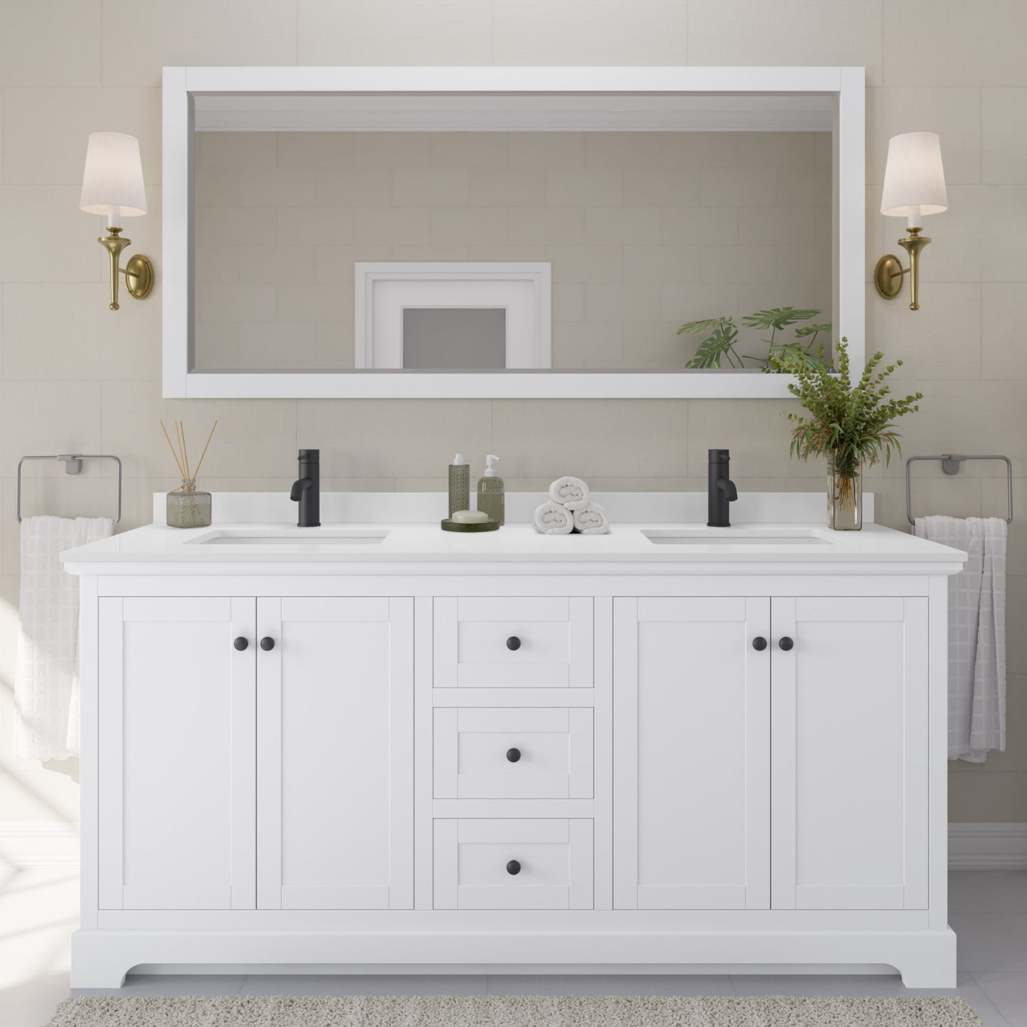 Avery Bathroom Vanity with Countertop 72 inch Double Sink Single hole Faucet Setup