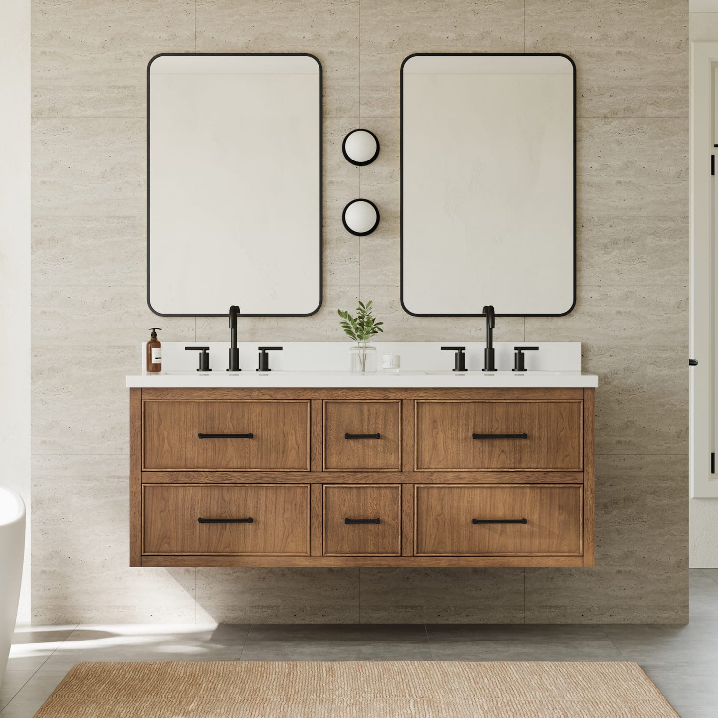 Isola WM Wall Mounted Bathroom Vanity with Countertop 60 inch Double Sink 3-hole Faucet Setup