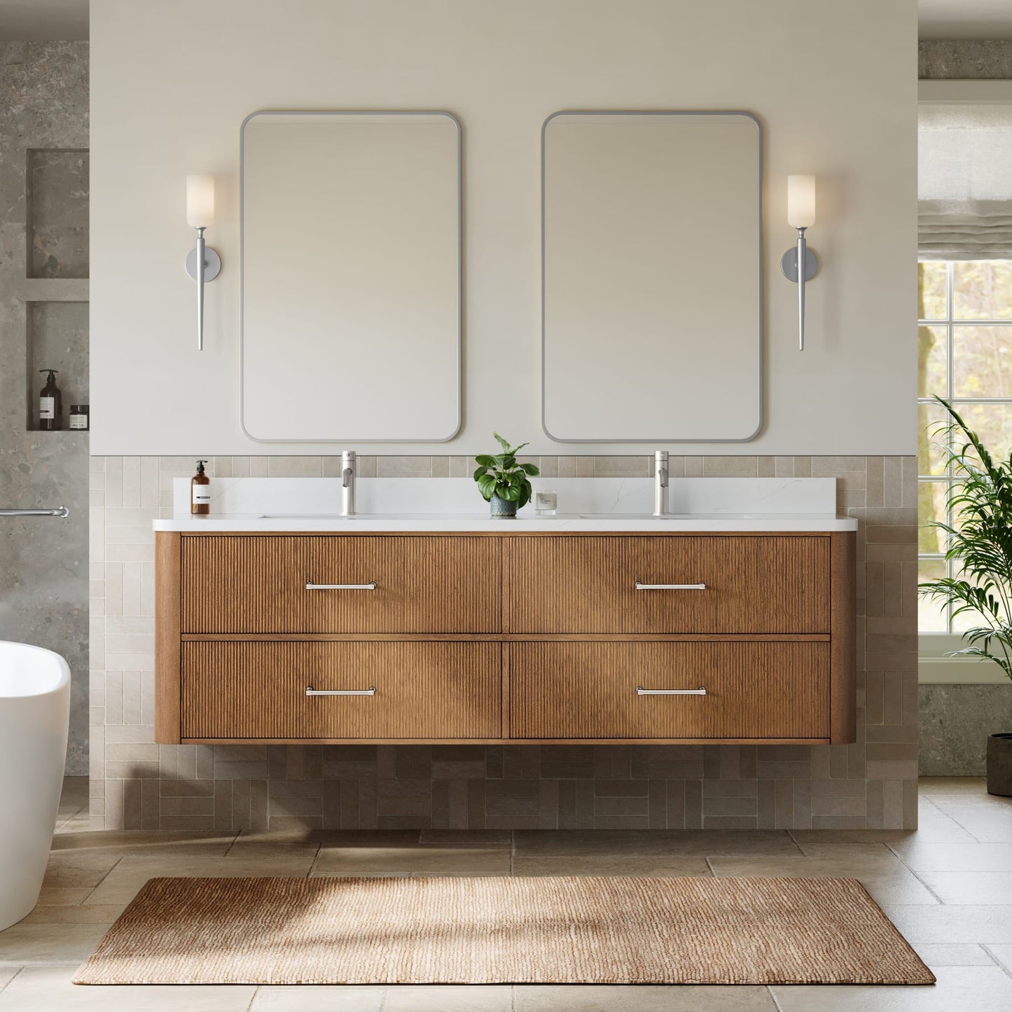 Francesca WM Wall Mounted Bathroom Vanity with Countertop 72 inch Double Sink Single hole Faucet Setup