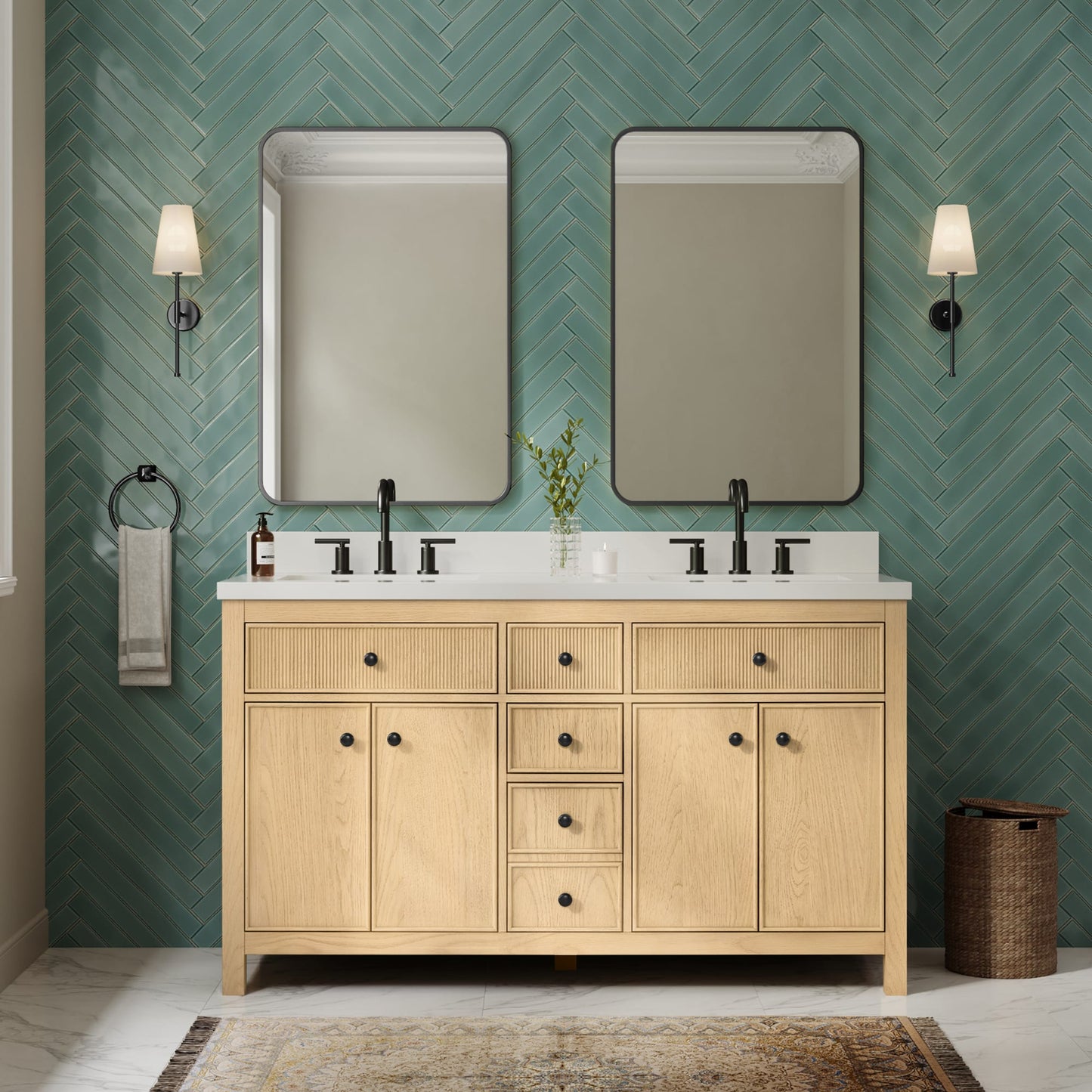Rian Bathroom Vanity with Countertop 60 inch Double Sink 3-hole Faucet Setup