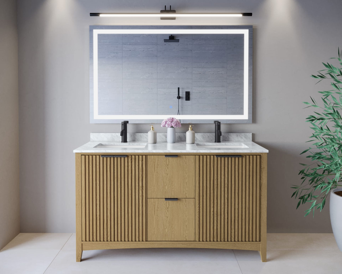 Palmilla Bathroom Vanity with Countertop 60 inch Double Sink Single hole Faucet Setup