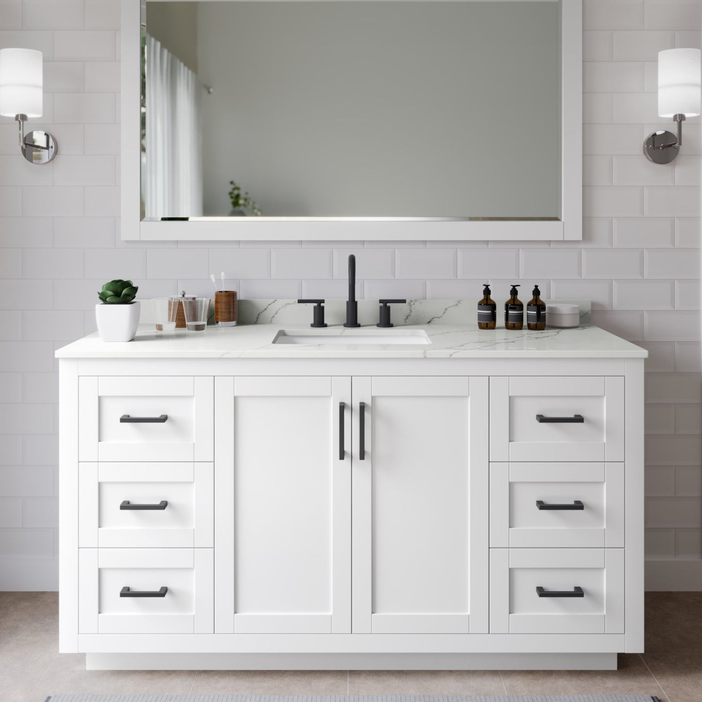 Miranda Bathroom Vanity with Countertop 60 inch Single Sink 3-hole Faucet Setup