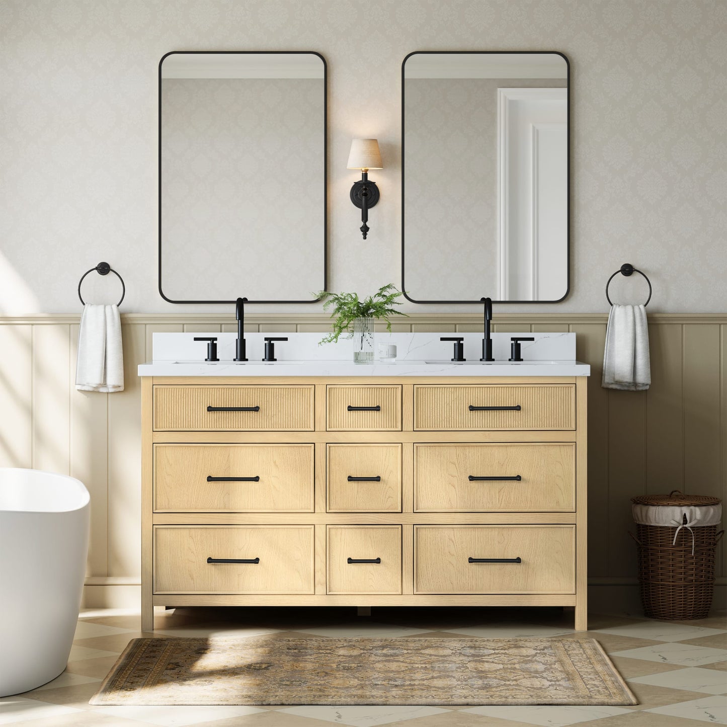 Isola Bathroom Vanity with Countertop 60 inch Double Sink 3-hole Faucet Setup