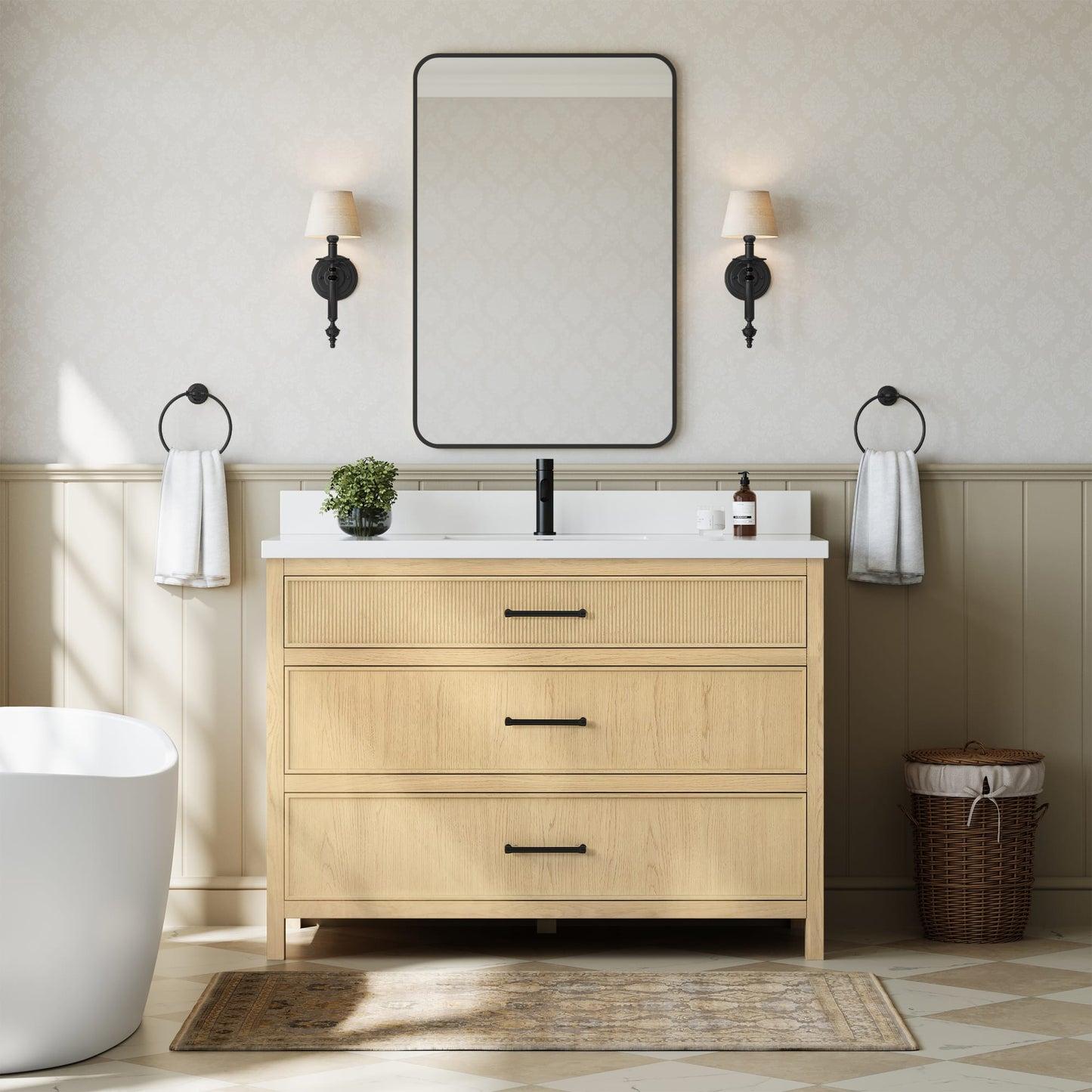 Isola Bathroom Vanity with Countertop 48 inch Single Sink Single hole Faucet Setup