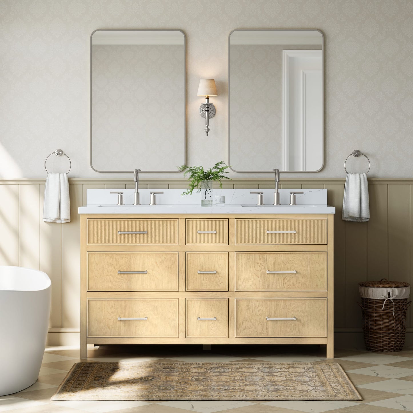 Isola Bathroom Vanity with Countertop 60 inch Double Sink 3-hole Faucet Setup