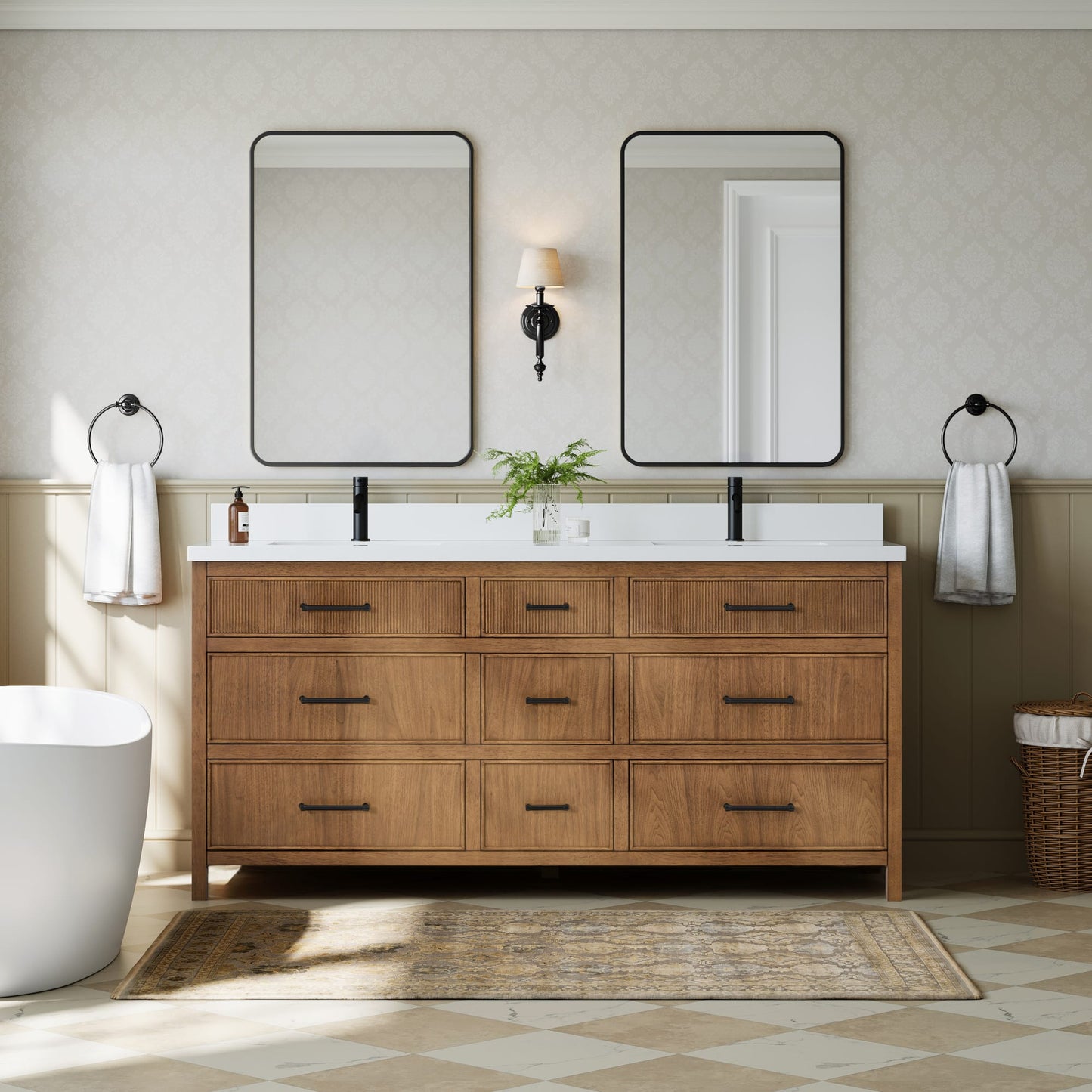Isola Bathroom Vanity with Countertop 72 inch Double Sink Single hole Faucet Setup