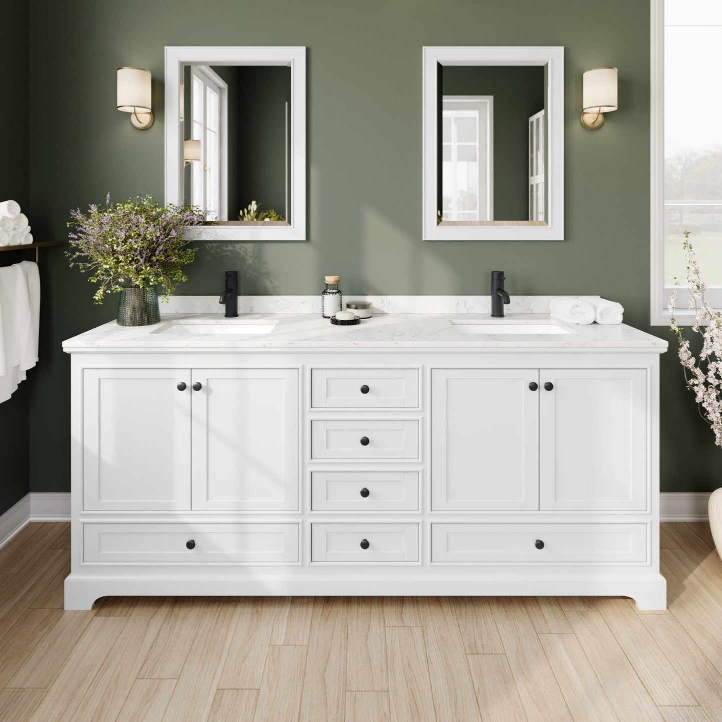 Deborah Bathroom Vanity with Countertop 80 inch Double Sink Single hole Faucet Setup