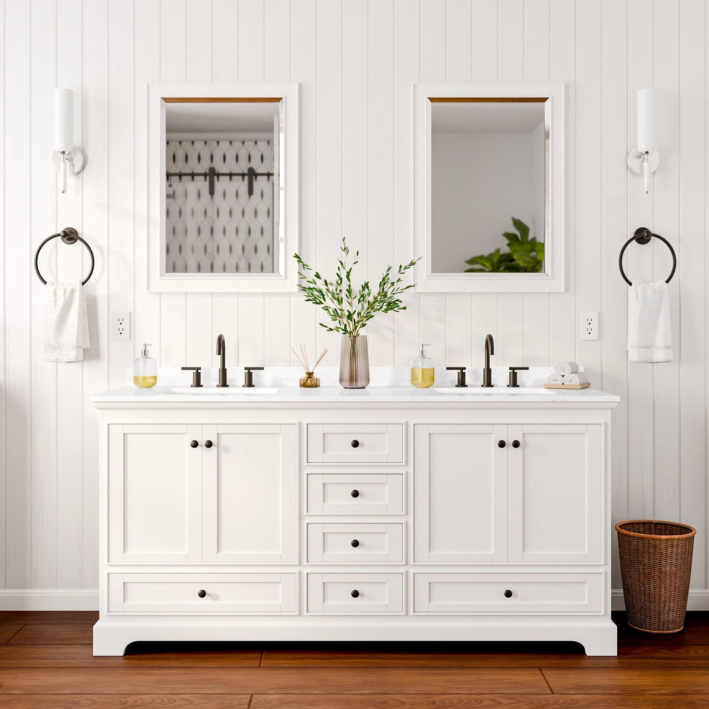 Deborah Bathroom Vanity with Countertop 72 inch Double Sink 3-hole Faucet Setup