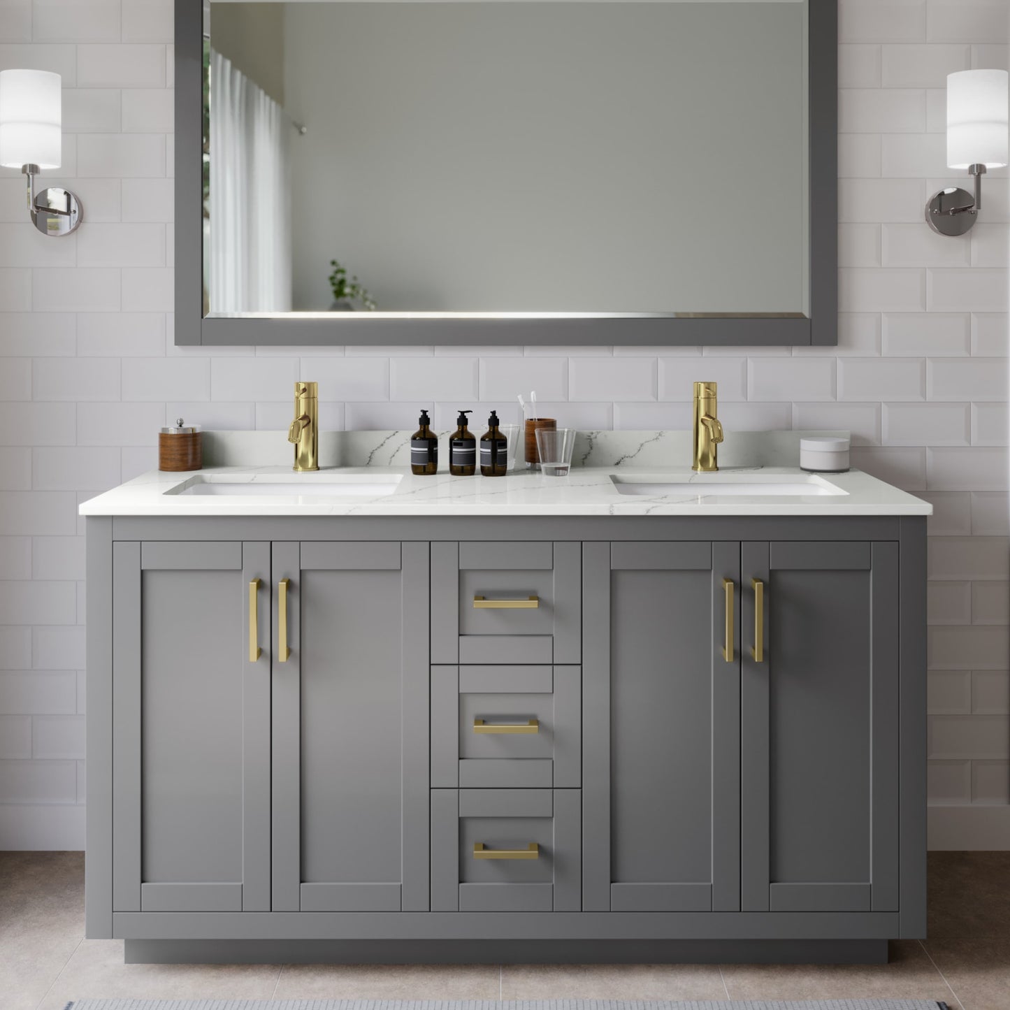 Miranda Bathroom Vanity with Countertop 60 inch Double Sink Single hole Faucet Setup
