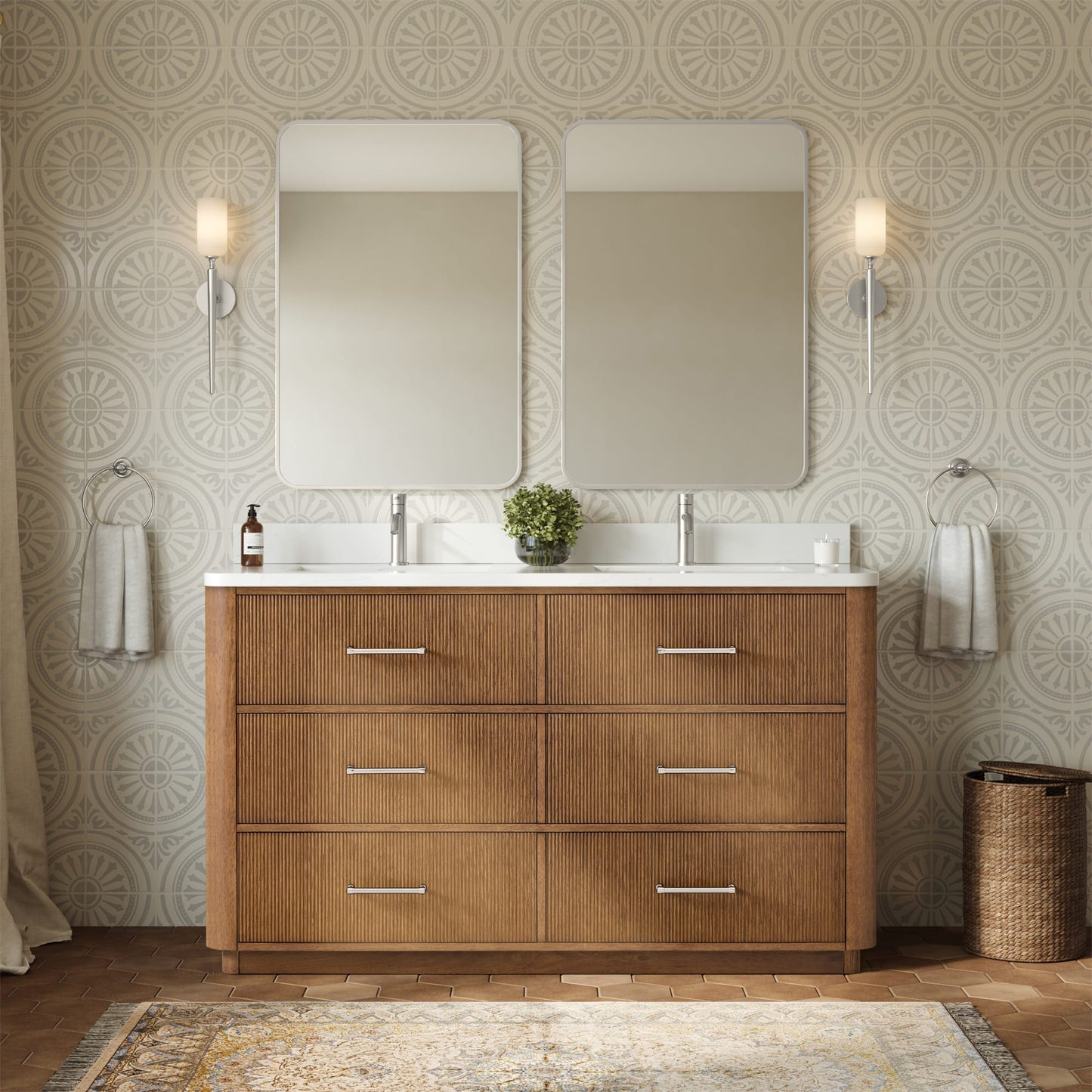 Francesca Bathroom Vanity with Countertop 60 inch Double Sink Single hole Faucet Setup