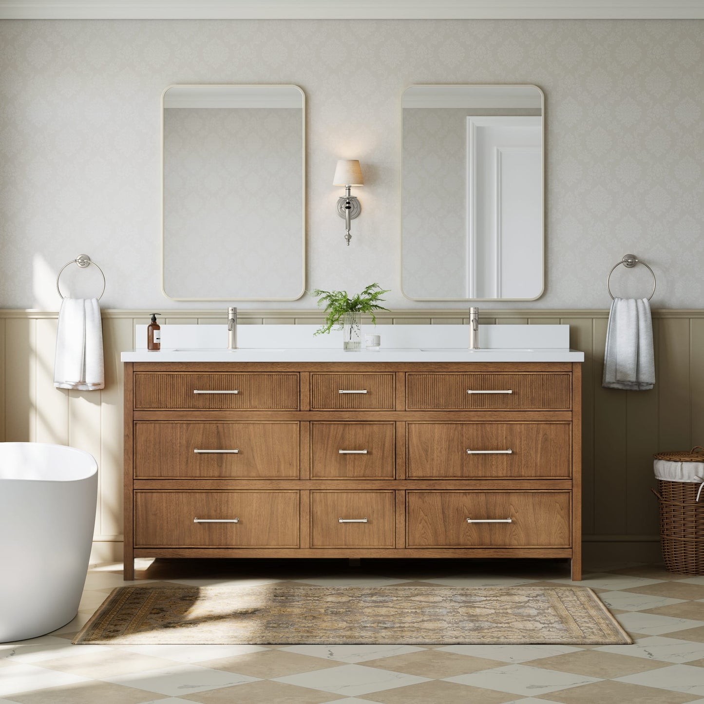 Isola Bathroom Vanity with Countertop 72 inch Double Sink Single hole Faucet Setup