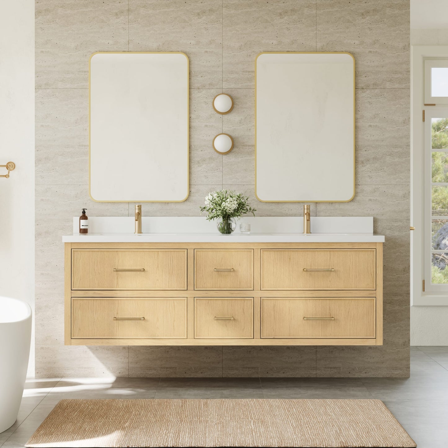 Isola WM Wall Mounted Bathroom Vanity with Countertop 72 inch Double Sink Single hole Faucet Setup