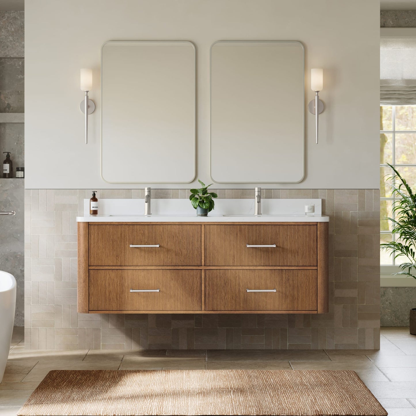 Francesca WM Wall Mounted Bathroom Vanity with Countertop 60 inch Double Sink Single hole Faucet Setup