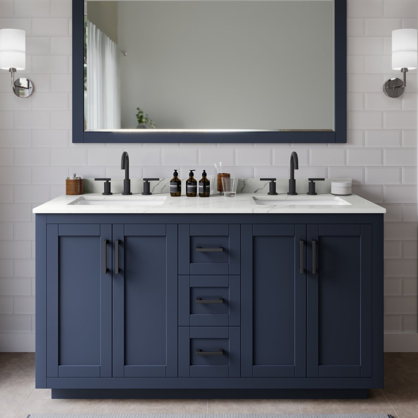 Miranda Bathroom Vanity with Countertop 60 inch Double Sink 3-hole Faucet Setup