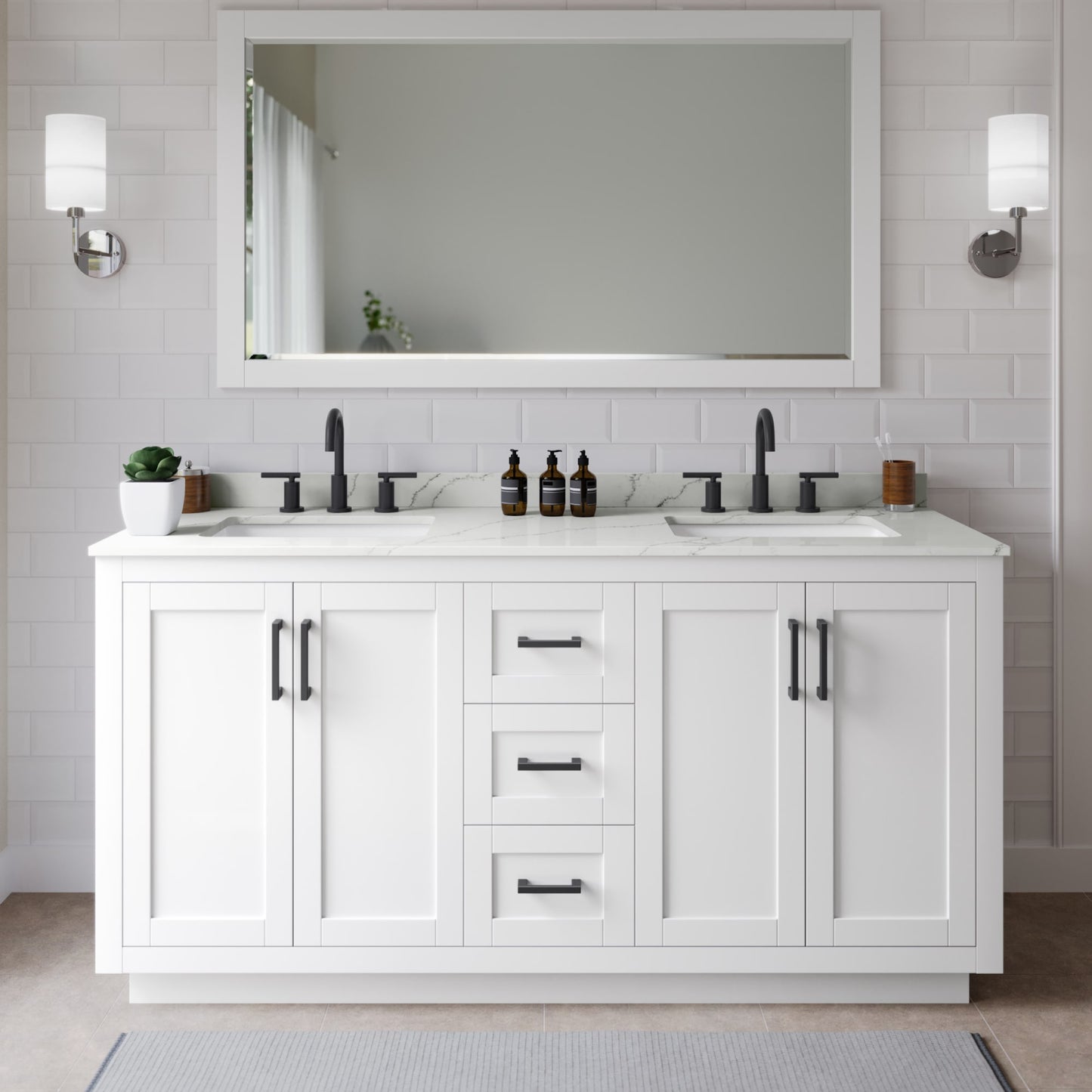 Miranda Bathroom Vanity with Countertop 66 inch Double Sink 3-hole Faucet Setup