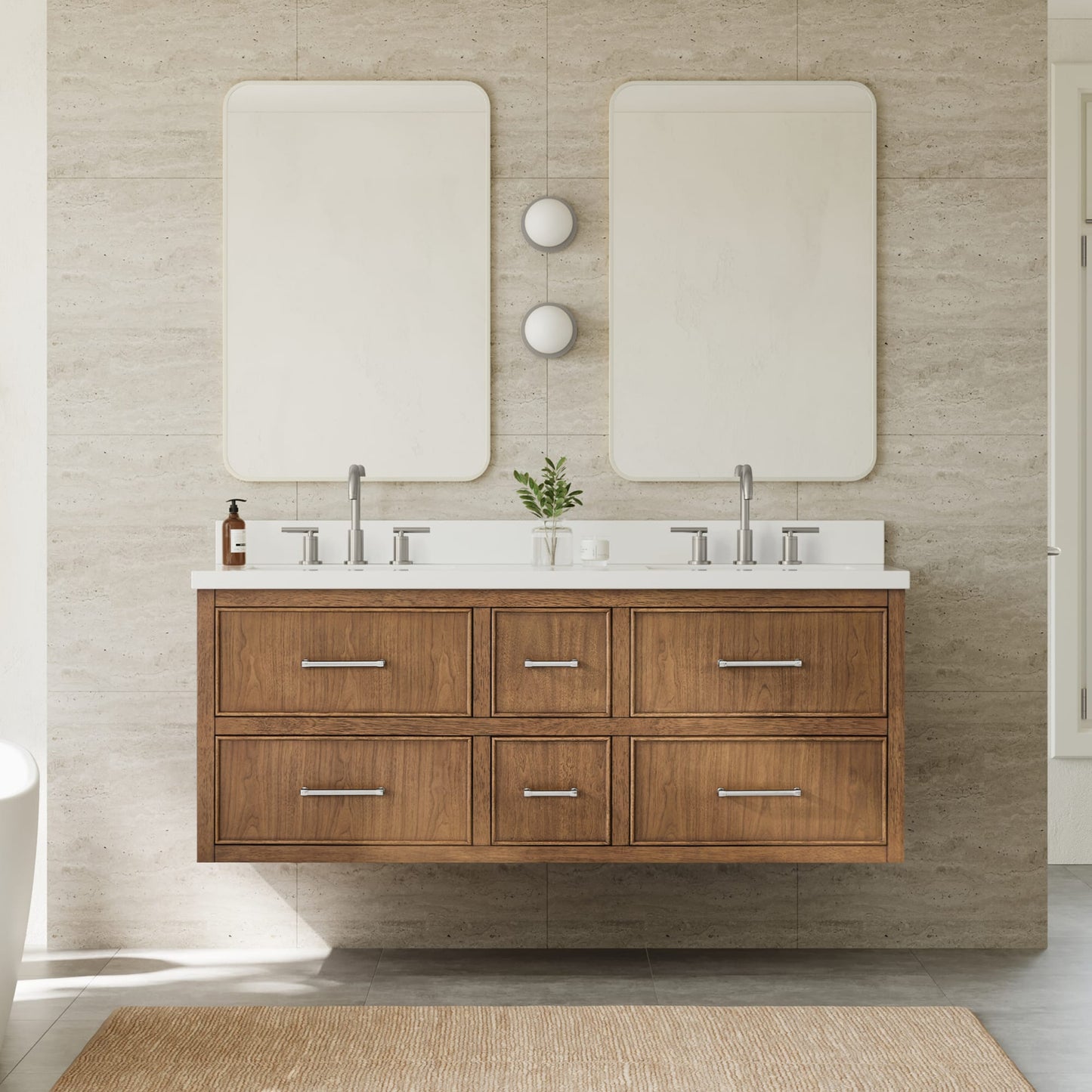 Isola WM Wall Mounted Bathroom Vanity with Countertop 60 inch Double Sink 3-hole Faucet Setup
