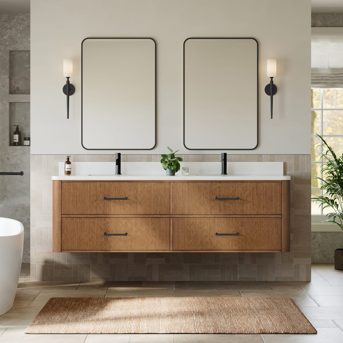 Francesca WM Wall Mounted Bathroom Vanity with Countertop 72 inch Double Sink Single hole Faucet Setup