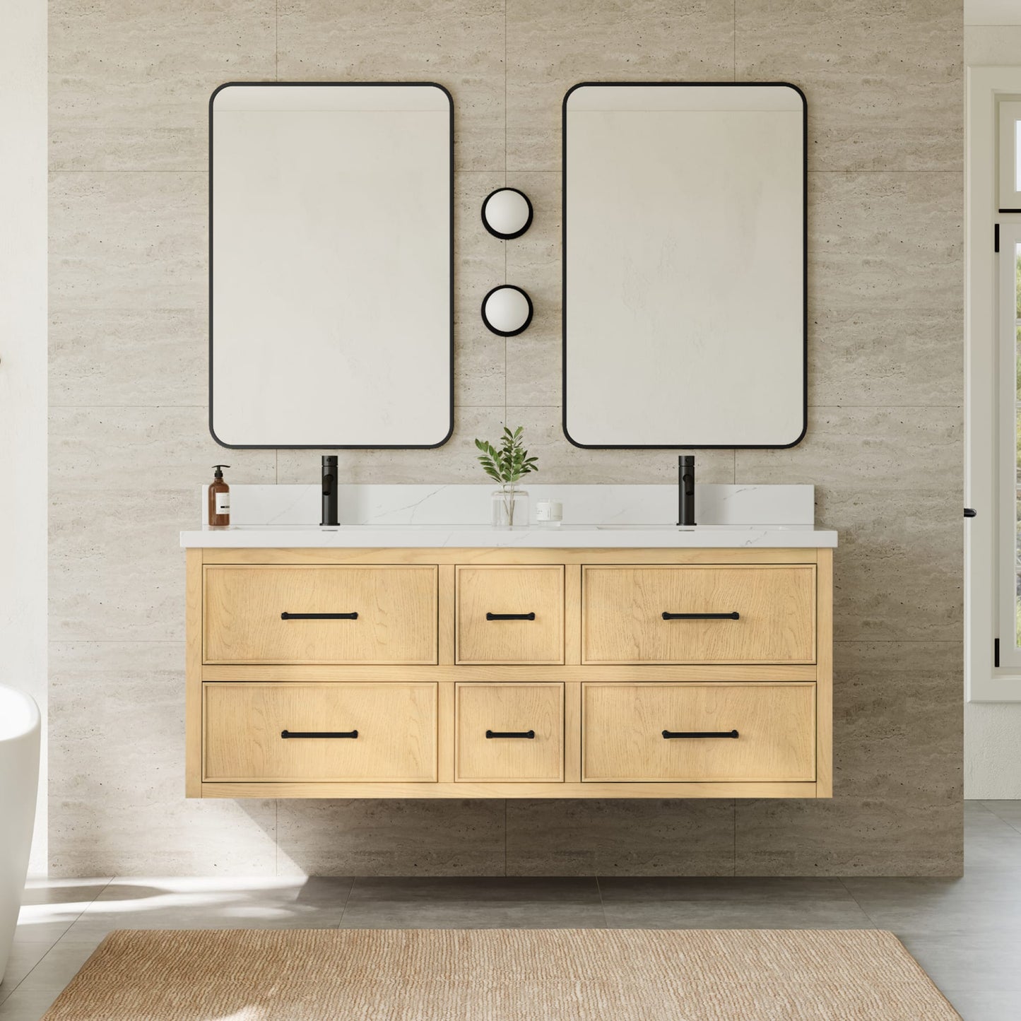 Isola WM Wall Mounted Bathroom Vanity with Countertop 60 inch Double Sink Single hole Faucet Setup
