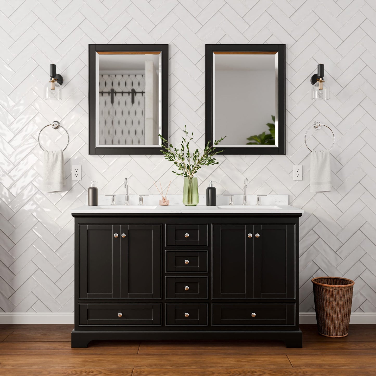 Deborah Bathroom Vanity with Countertop 60 inch Double Sink 3-hole Faucet Setup