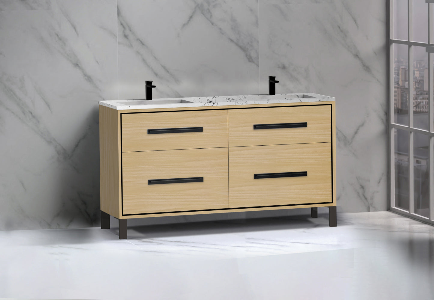 Pinnacle 60D" Free Standing Vanity Cabinet with L-Feet