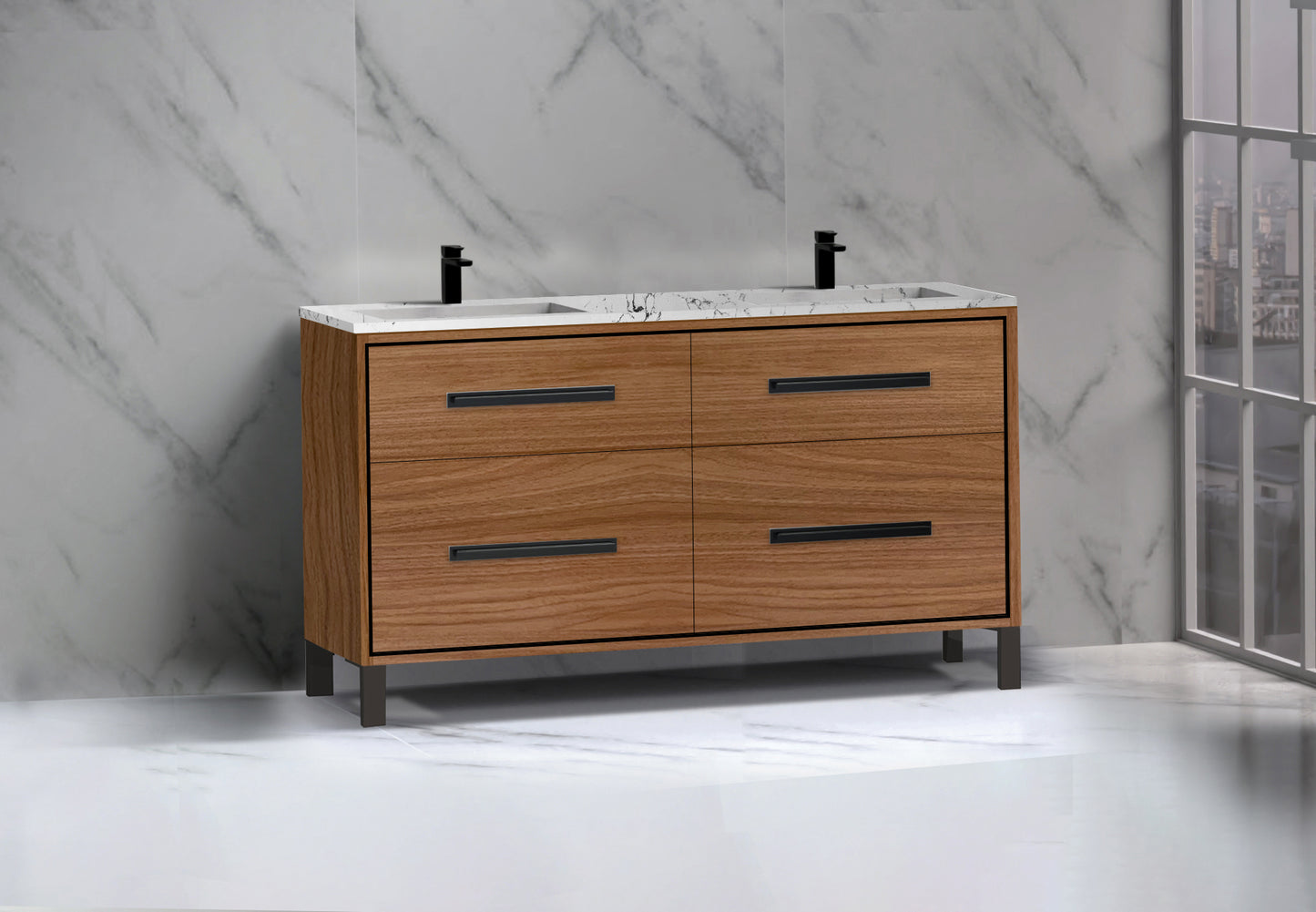 Pinnacle 60D" Free Standing Vanity Cabinet with L-Feet