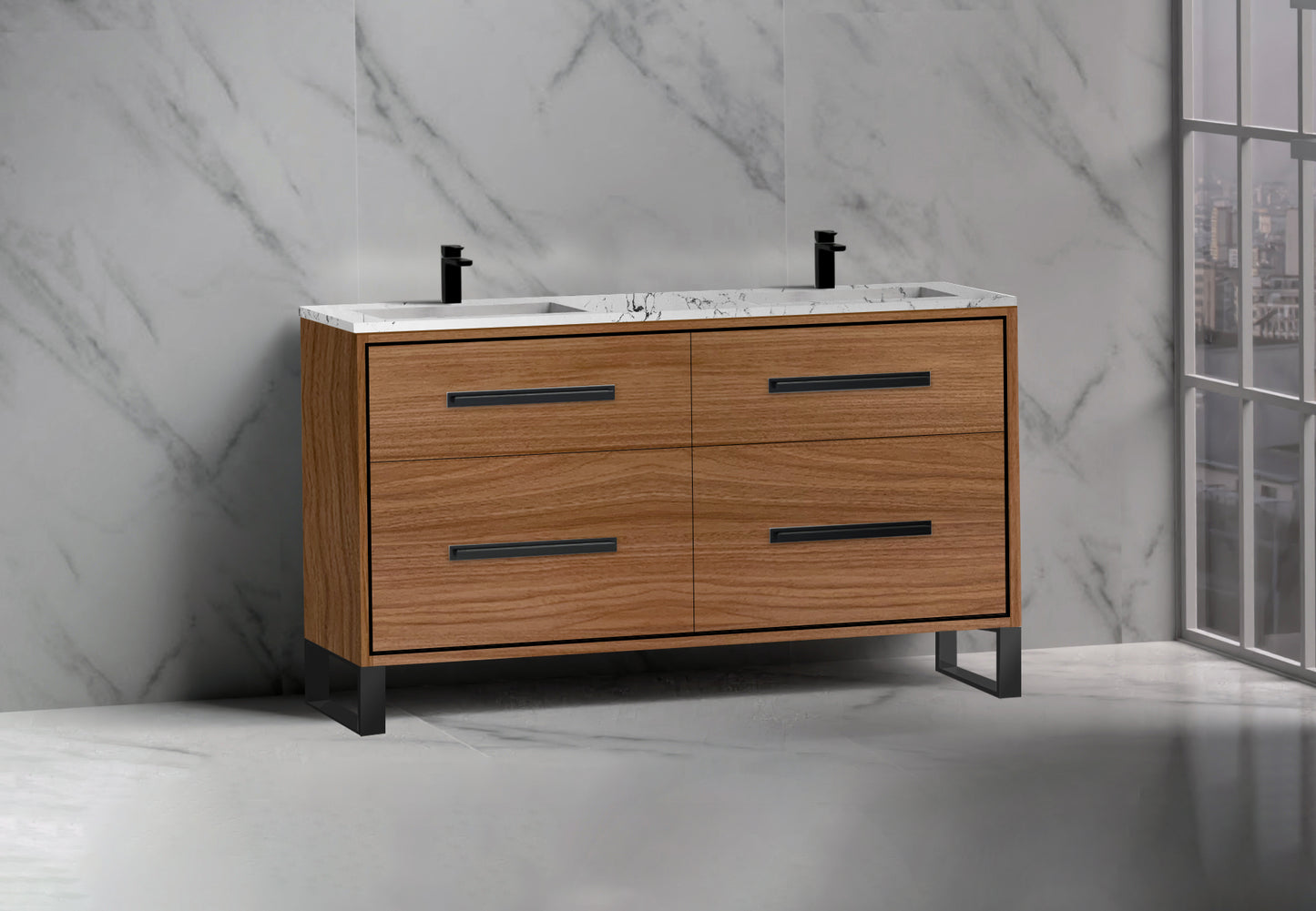Pinnacle 60D" Free Standing Vanity Cabinet with S-Feet
