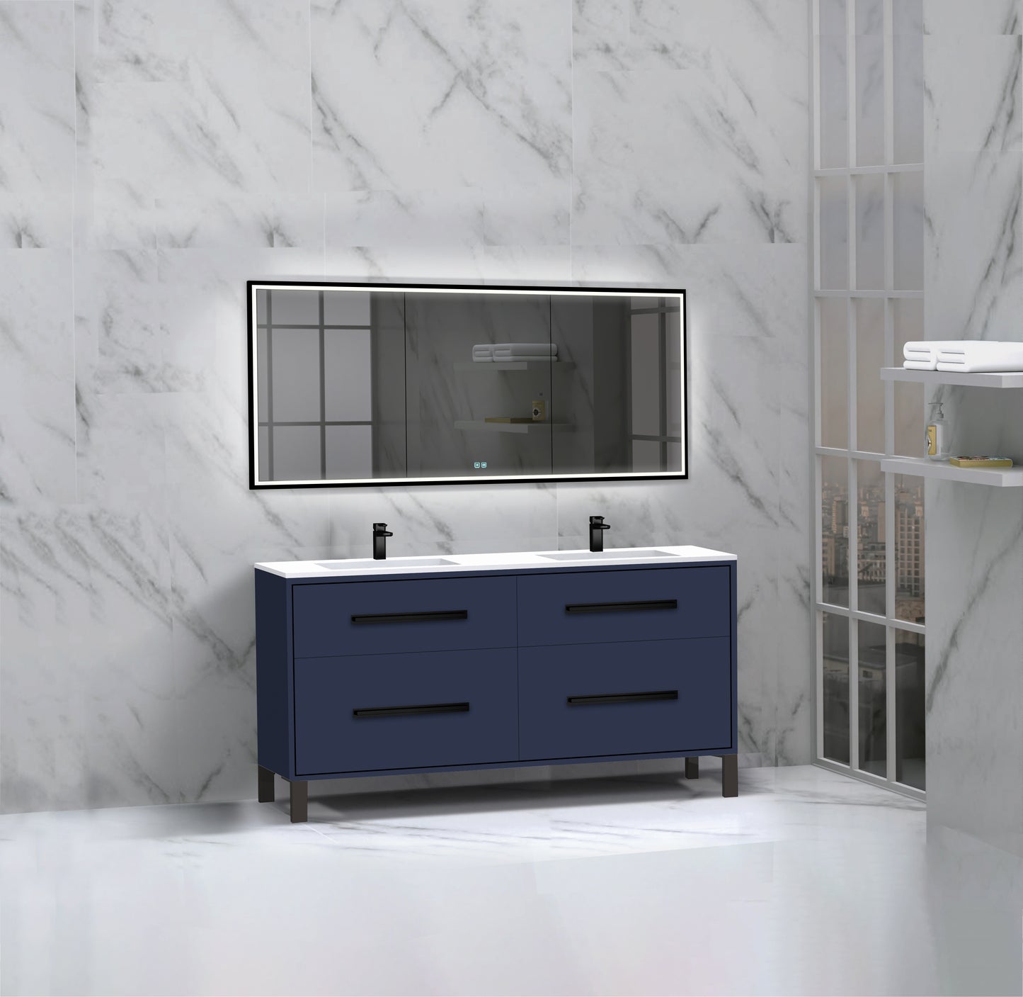 Pinnacle 60D" Free Standing Vanity Cabinet with L-Feet