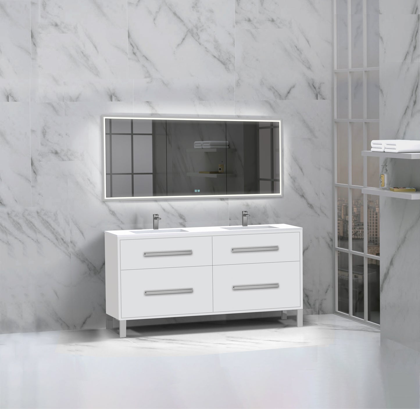 Pinnacle 60D" Free Standing Vanity Cabinet with L-Feet