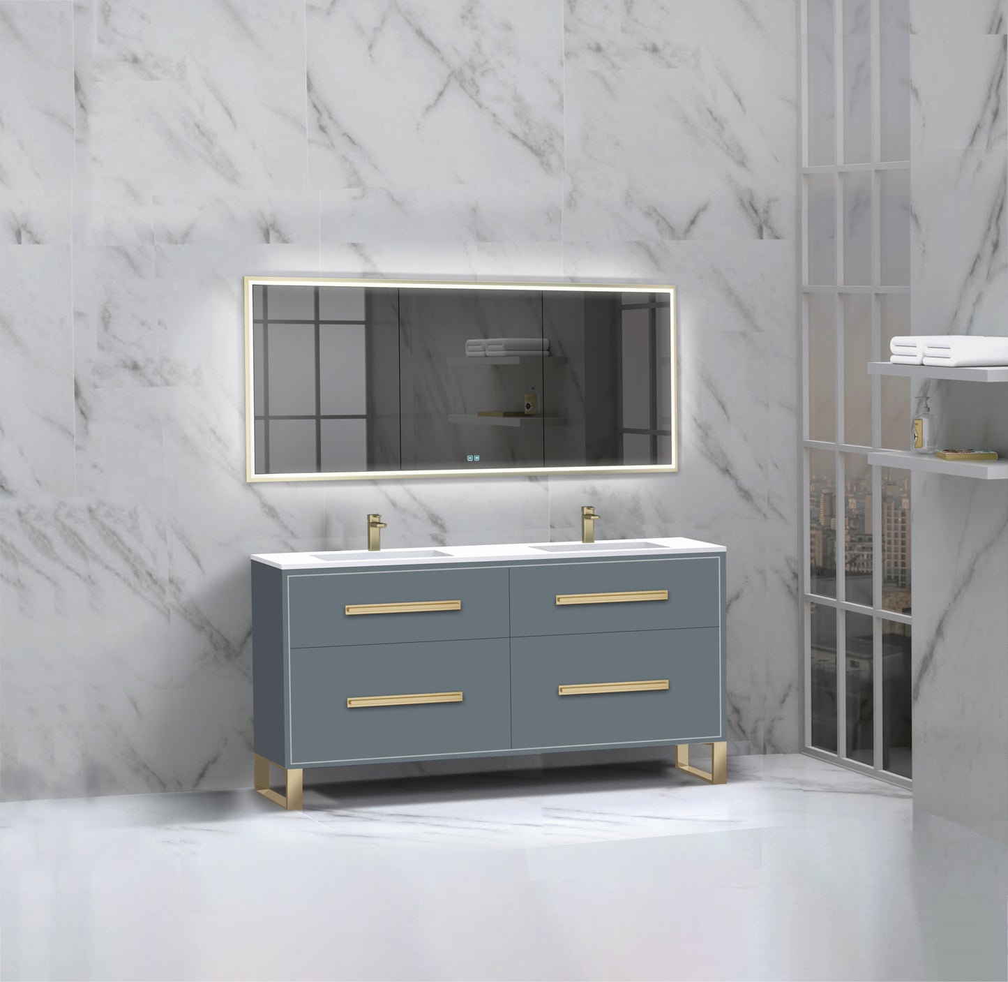 Pinnacle 60D" Free Standing Vanity Cabinet with S-Feet