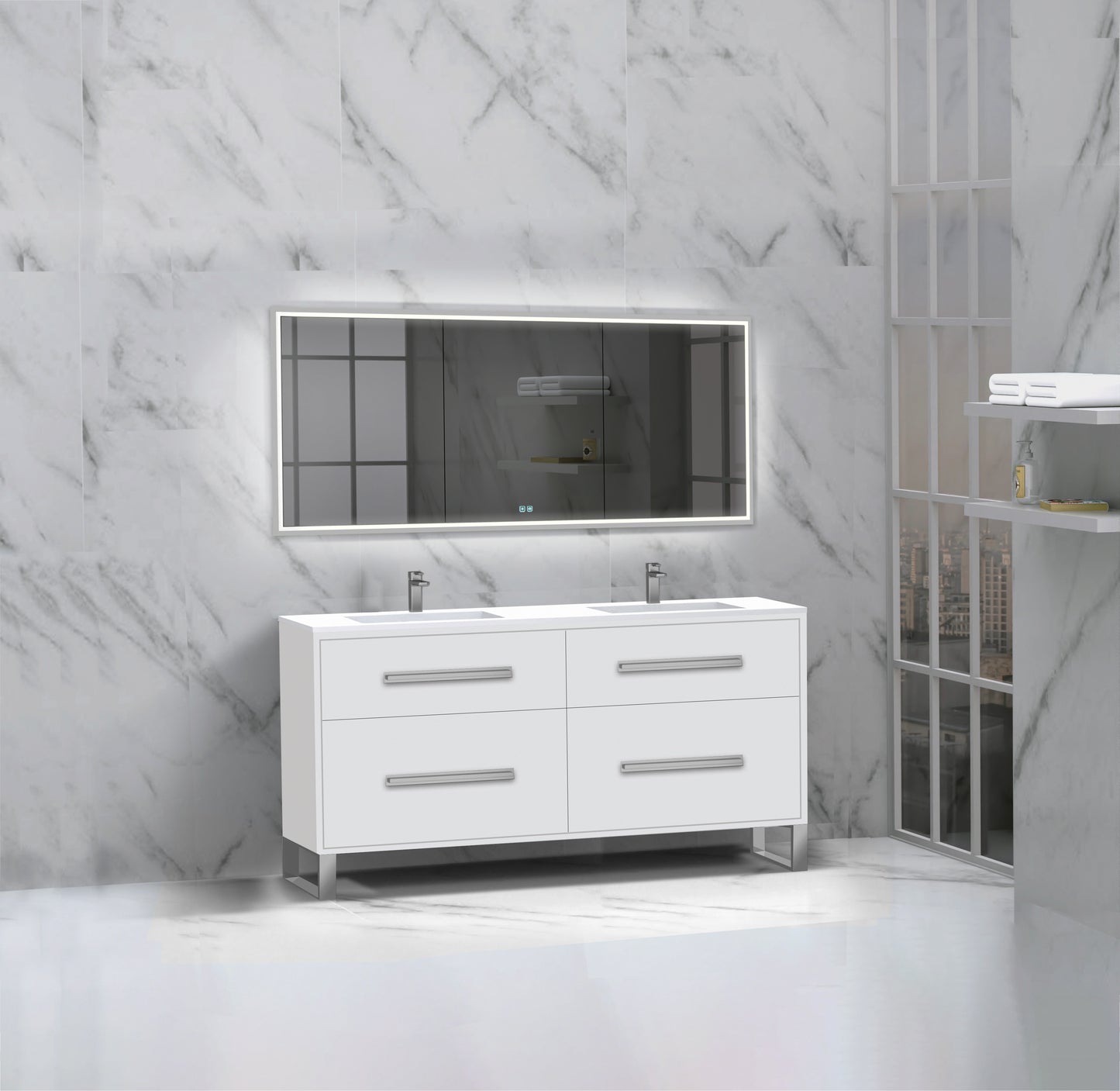 Pinnacle 60D" Free Standing Vanity Cabinet with S-Feet