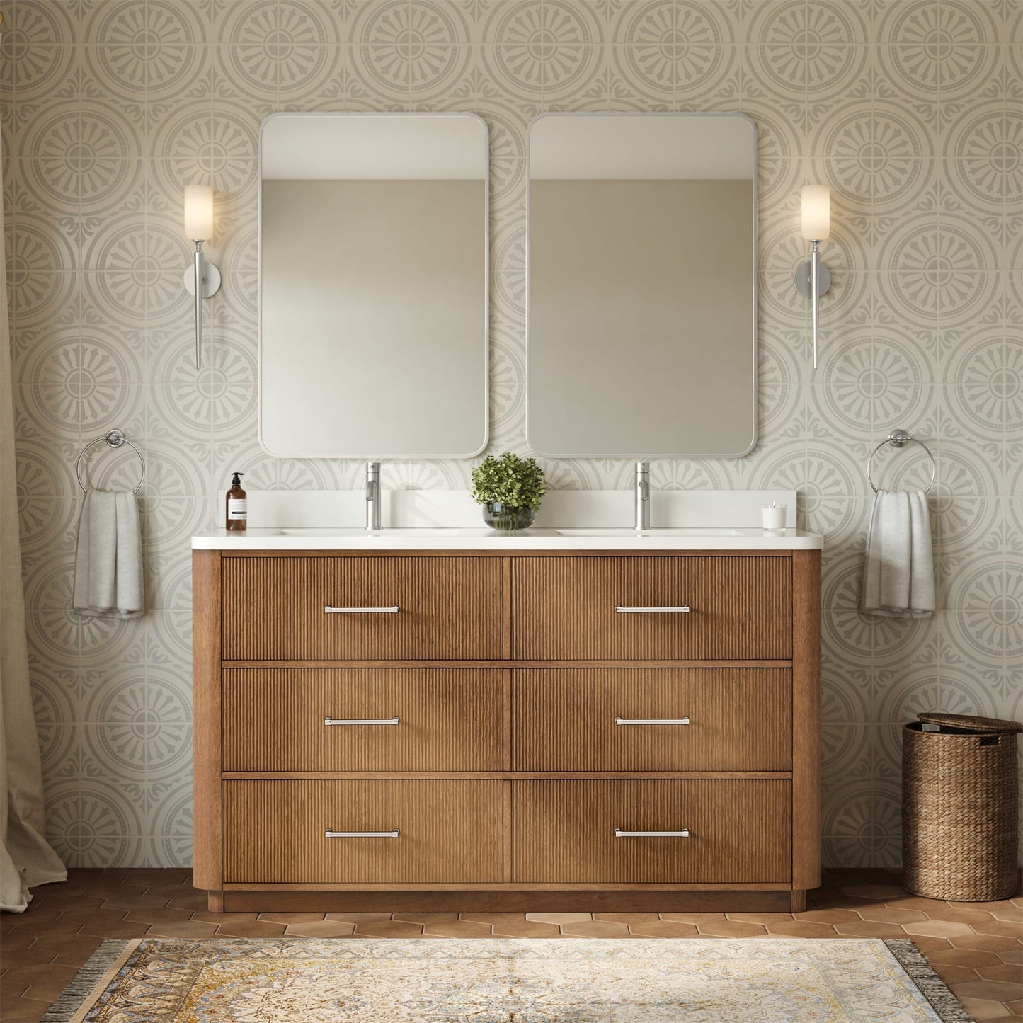 Francesca Bathroom Vanity with Countertop 60 inch Double Sink Single hole Faucet Setup